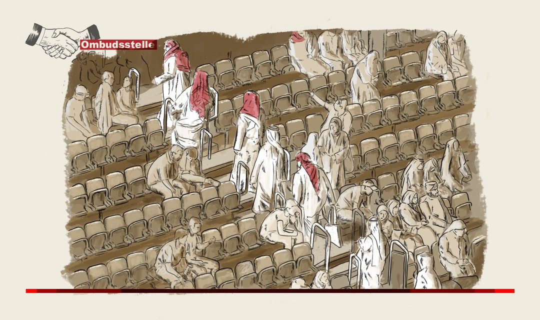 Die Illustration zeigt die Zuschauerränge am WM-Eröffnungsspiel zwischen Katar und Ecuador. Die Sitzreihen in der Katar-Fanzone sind halbleer. Durch den Mittelgang verlassen Zuschauer:innen in traditioneller arabischer Kleidung das Stadion.