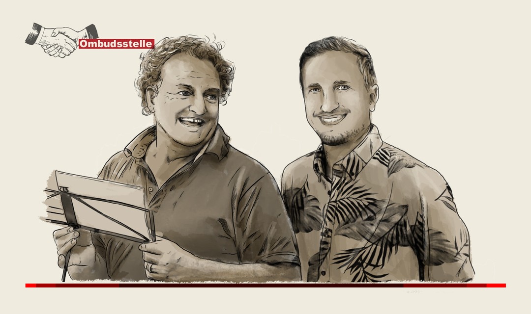 Die Illustration zeigt die beiden Komiker Marco Rima und Stefan Büsser. Sie stehen freundschaftlich nebeneinander und lächeln fröhlich