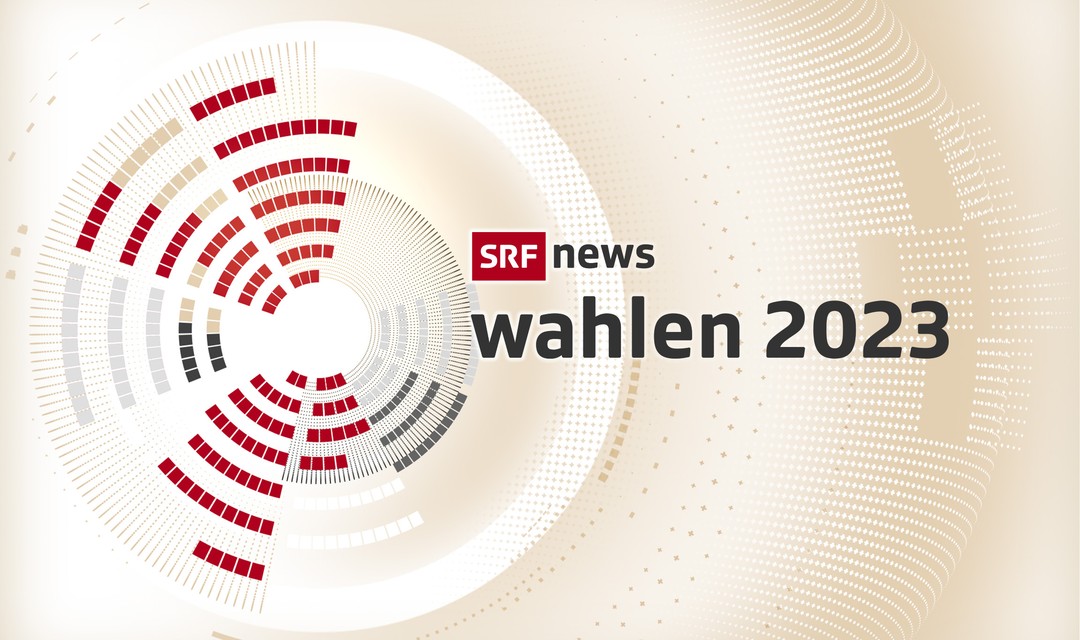 SRF News – Wahlen 2023 Keyvisual: Eine abstrakte Illustration des Parlamentssalls und rechts daneben die Schrift «SRFnews wahlen 2023»