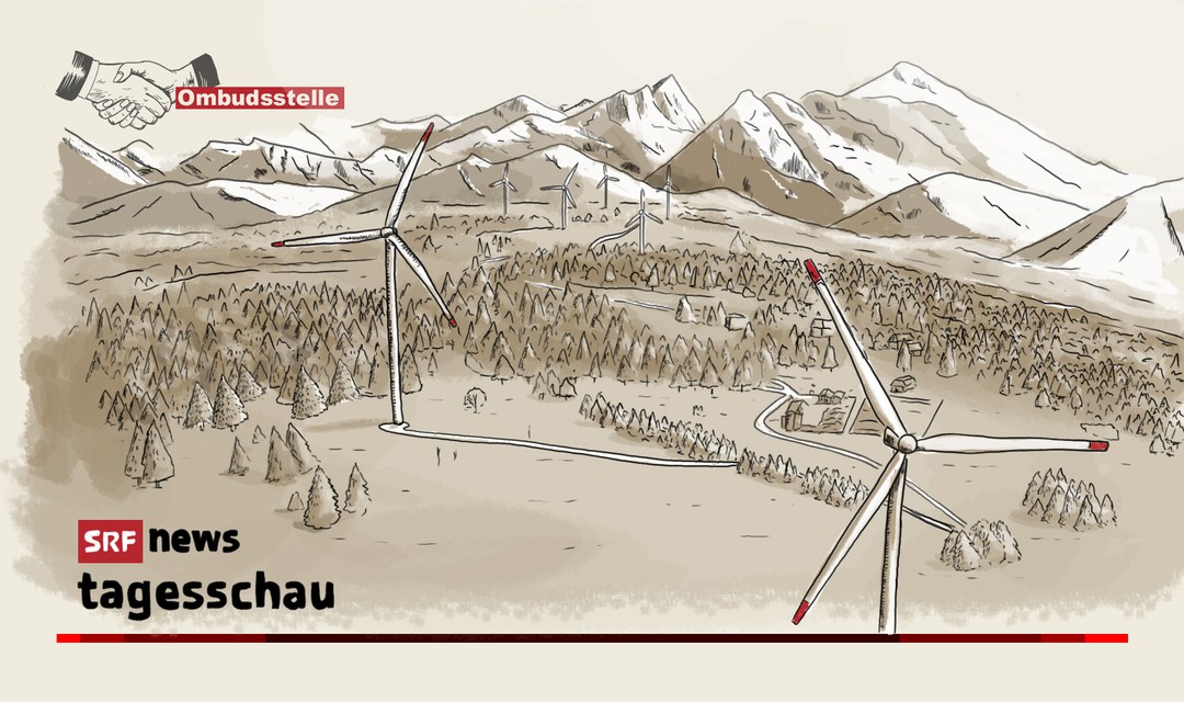 Die Illustration zeigt einen Windpark in einer hügeligen Landschaft mit Bergen im Hintergrund Landschaft