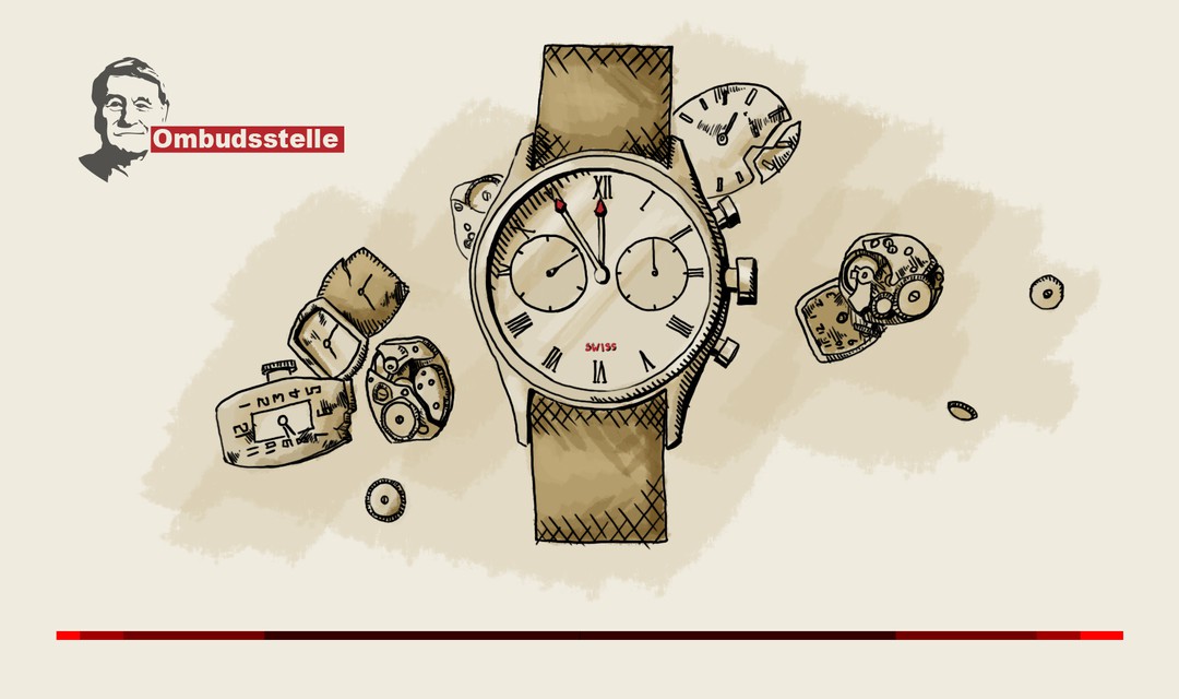 Die Illustration zeigt eihne klassiche Armbanduhr. Daneben liegen Einzelteile wie Zifferblätter und Zahnrädchen verstreut