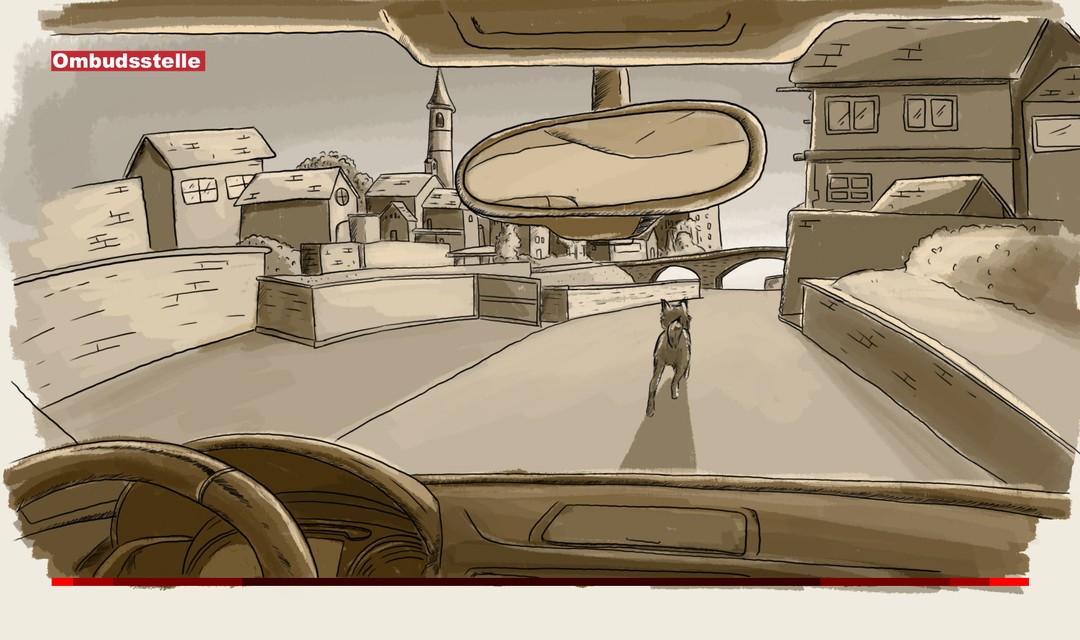 Die Illustration zeigt den Ausblick aus der Frontscheibe eines fahrenden Autos auf die Dorfstrasse eines Tessiner Bergdorfes. Auf der Dorfstrasse läuft ein Wolf vor dem herannahenden Auto davon.