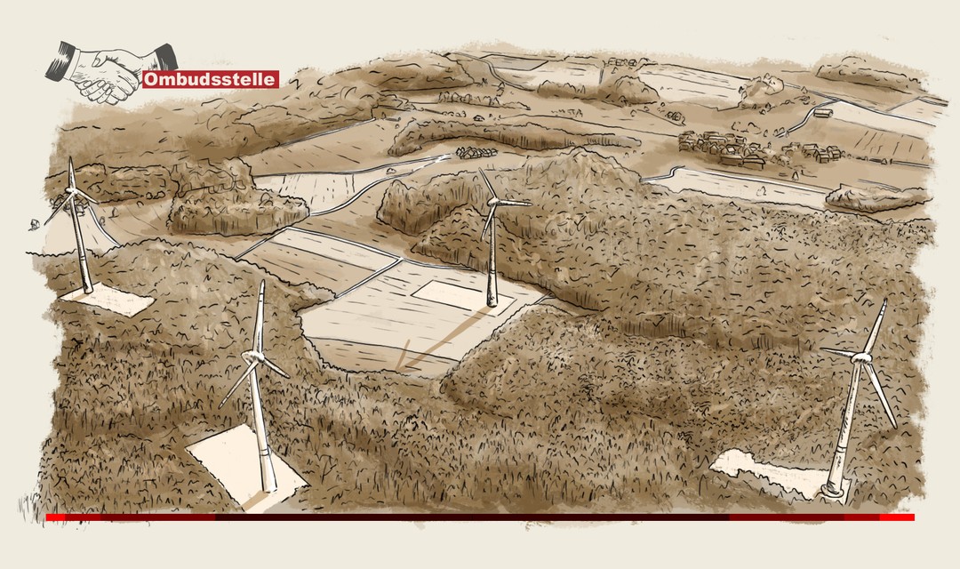 Die Illustration zeigt eine Thurgauer Landschaft von oben mit Feldern und Wäldern und kleineren Dörfern. Auf einer Anhöhe im vorderen Bildteil stehen mehrere Windräder.