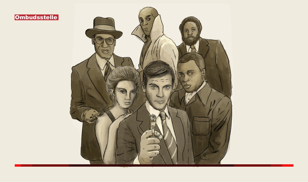 Die Illustration zeigt ein Filmplakat des James-Bond-Films "Live and let die". Im Vordergrund steht Roger Moore als James Bond, eine Pistole auf die Betrachtenden gerichtet. Dahinter gruppieren sich 4 Männer (people of colour), hinter James Bond, an seine Schulter gelehnt, steht James-Bond-Girl Jane Seymour als Solitaire. Einer der Männer hält sie mit einer Metallhakenhand (Handprothese) an der Schulter fest.