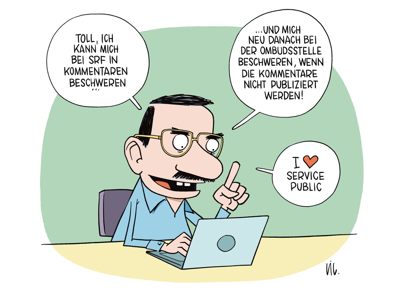 Karikatur Anspielung neuer Zuständigkeit für Kommentarbeanstandungen bei SRF