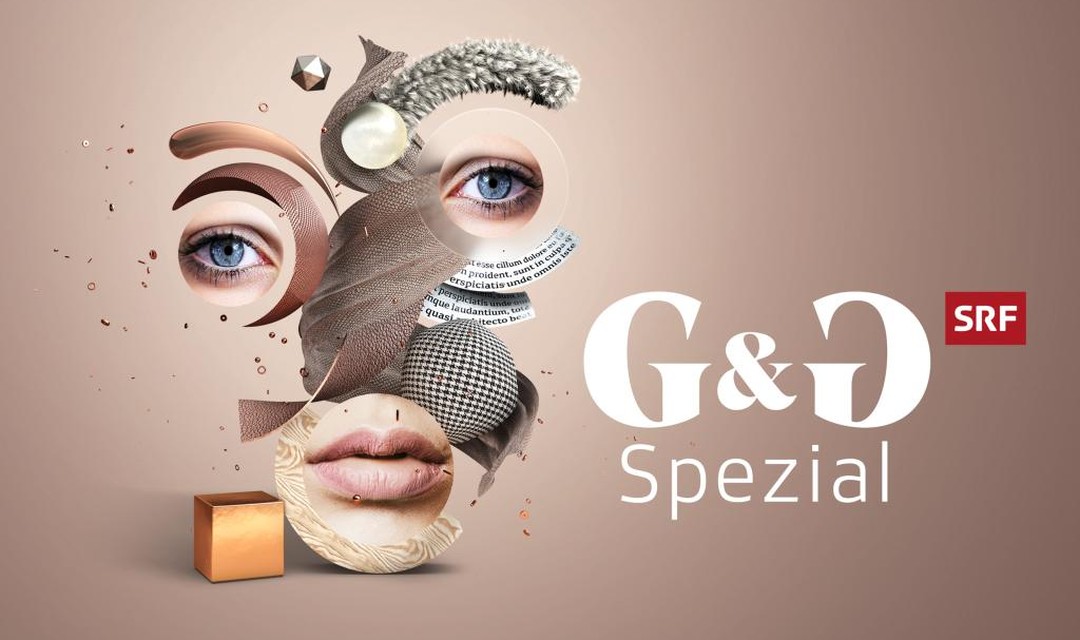 Das Logo von "G&G Spezial" zeigt eine Grafik. Darin ist ein Gesicht aus verschiedenen Elementen (2 Augen Mund, Stoffstücke, Perle, Feder, Würfel etc.) zusammengesetzt. Daneben stehen die Worte G&G Spezial, SRF.