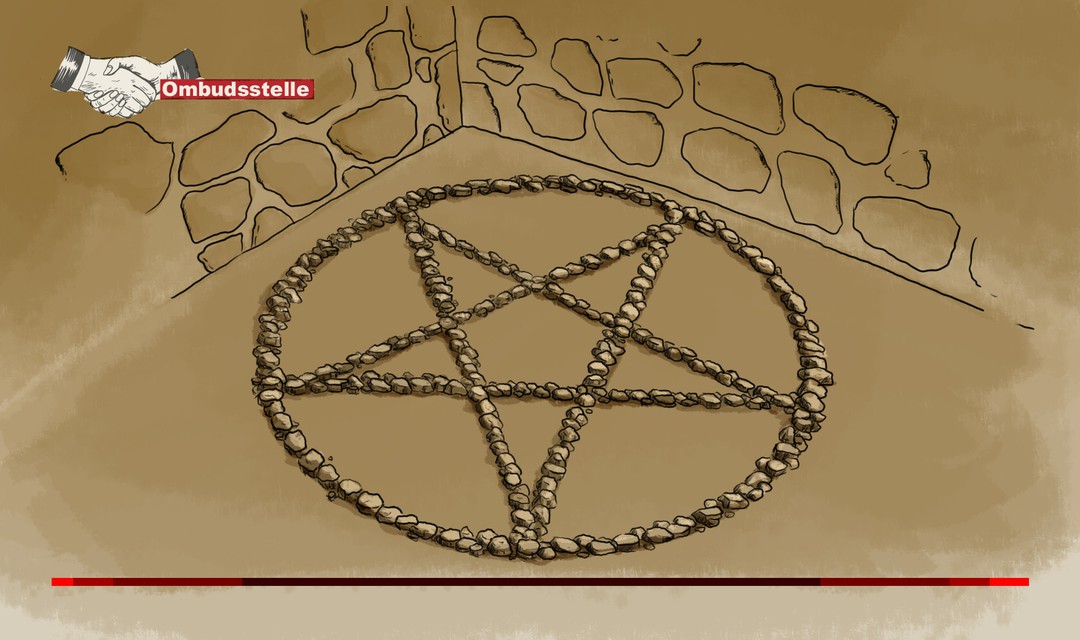 Die Illustration zeigt ein Kellergewölbe, am Boden ist mit Steinen ein Pentagramm ausgelegt.