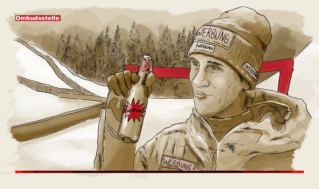 Die Illustration zeigt Skirennfahrer Ramon Zenhäusern beim Interview im Zielraum. Mit der rechten Hand hält er seinen Ski und davor eine Getränkeflasche mit einem Markennamen. Auch seine Mütze und Jacke sind voller Labels von Sponsoren.