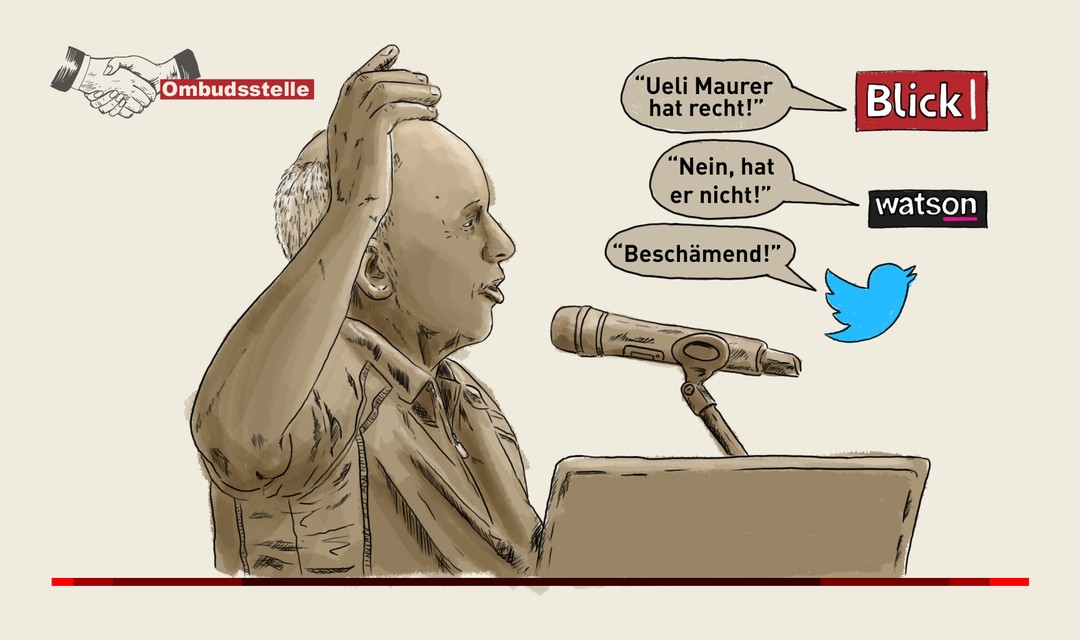 Die Illustration zeigt Ueli Maurer sprechend an einem Rednerpult. Daneben in Sprechblasen zustimmende und ablehnende Kommentare von Blick online, Twitter und Watson.