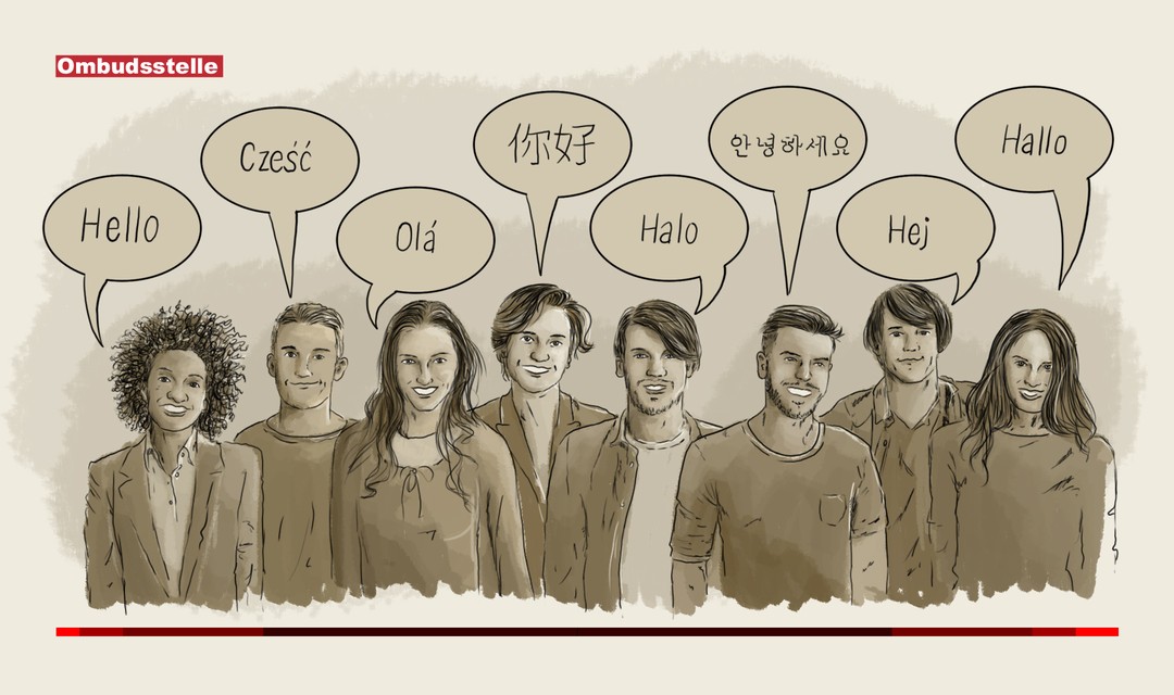 Die Illustration zeigt mehrere Männer und Frauen, die nebeneinander stehen. Jede Person hat eine eigene Sprechblase. Darin befindet sich das Wort "Hallo" in verschiedenen Sprachen der Welt.