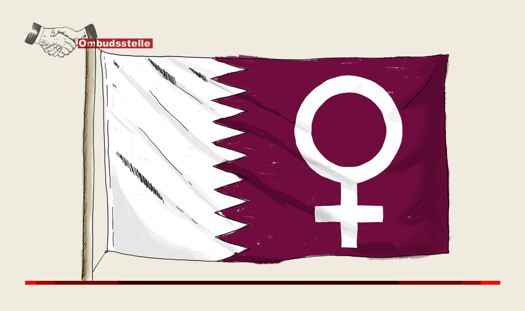 Die Illustration zeigt die Landesflagge von Katar (links weisses Feld, rechts dunkelrotes Feld, das gezackt an das weisse Feld anschliesst). Im dunkelroten Feld prangt das Symbol für die Frau (Kreis mit Kreuz)