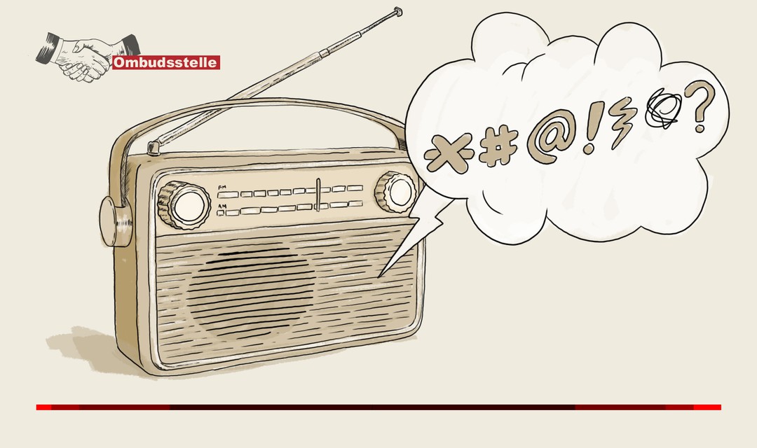 Illustration eines Radios, aus dem eine Sprechblase mit Fluchwörtern kommt.