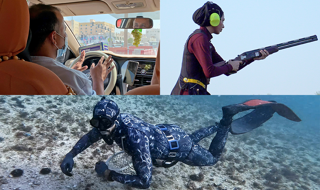 Kollage aus drei Fotos. Oben links: In einem Auto, Blick von der Rückbank über die Schulter des Fahrers; oben rechts: eine katarische Frau beim Schiessen mit einem Gewehr; unten: ein Taucher im Meer