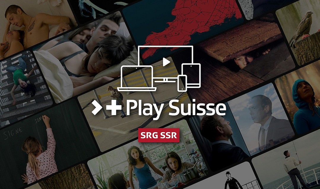 Das Logo von «Play Suisse» vor einer Auswahl von Serien-Screenshots