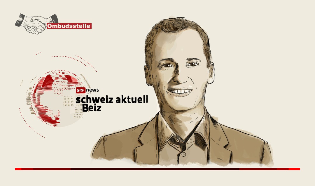 Die Illustration zeigt den "Schweiz aktuell"-Moderator Michael Weinmann mit dem Logo und Schriftzug der Sendung und dem Wort "Beiz"
