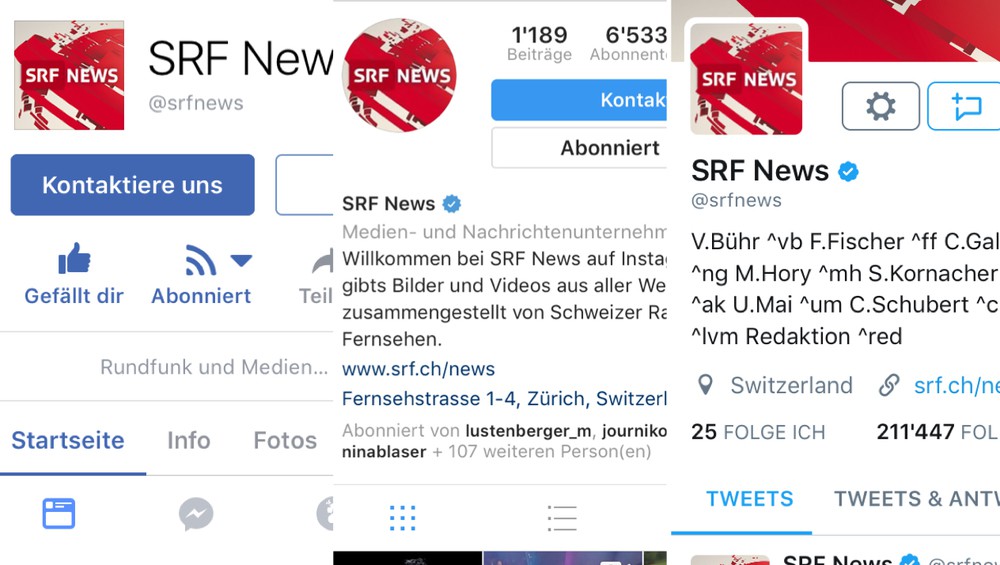 Collage aus Twitter-, Instagram- und Facebook-Profilen von SRF News