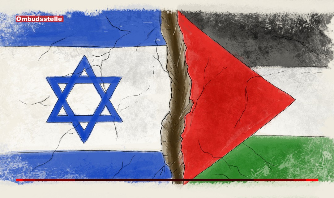 Die Illustration zeigt die Israel-Flagge und die palästinensische Flagge nebeneinander, wie auf Felsen gemalt. Zwischen den beiden Flaggen klafft ein tiefer Graben.