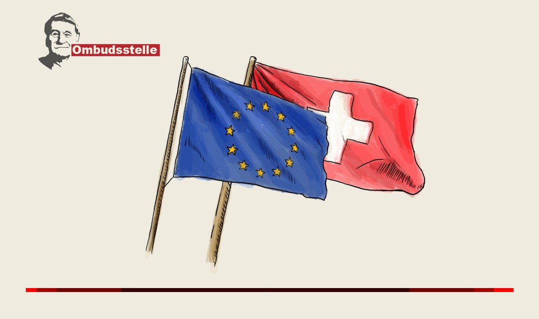 Grafik zeigt eine Schweizer Fahne, etwas versetzt davor eine EU-Flagge. Beide Flaggen flattern im Wind.