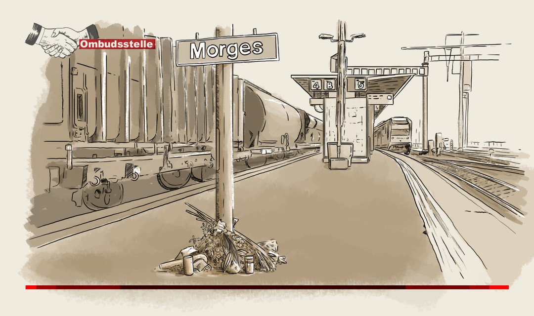 Die Illustration zeigt ein Perron des Bahnhofs in Morges. Auf dem Perron liegen Blumen und Grabkerzen.
