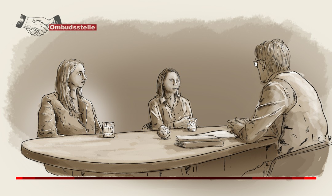 Die Illustration zeigt den Moderator der Sendung mit den beiden weiblichen Gästen. Sie sitzen um einen Tisch.