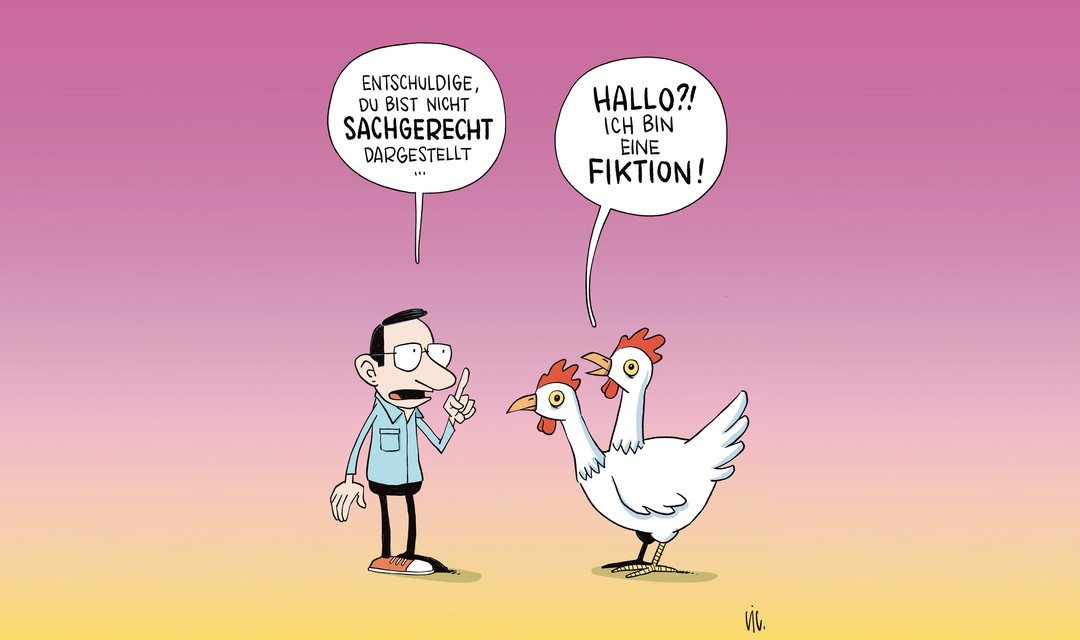 Illustration eines Mannes der mit einem Huhn streitet