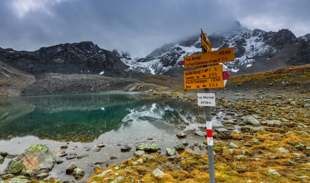 Wegweiser mit See im Hintergrund