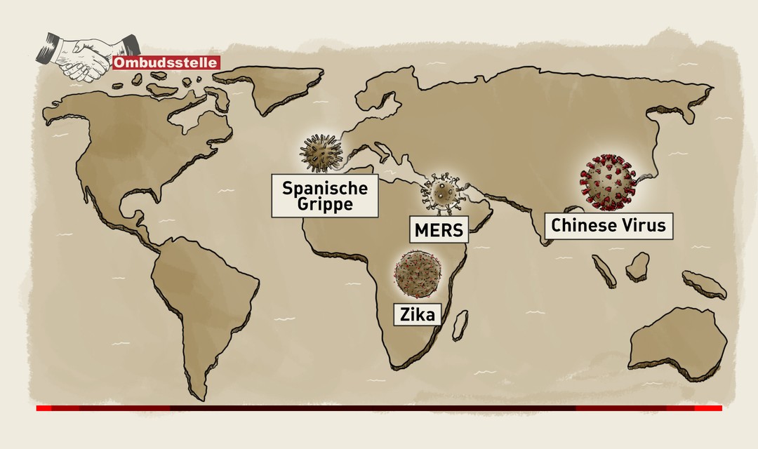 Illustration einer Weltkarte mit mehreren Viren-Symbolen darauf.
