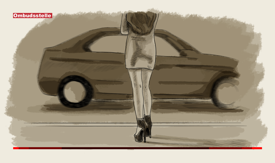 Illustration Sexarbeiterin an einer Strasse, auf der ein Auto vorbeifährt