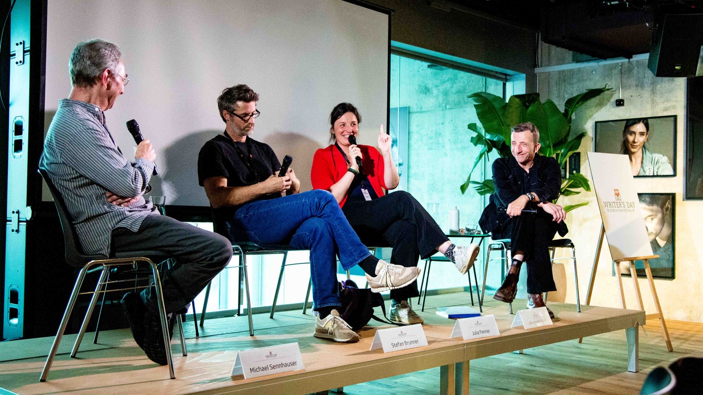«SRF Writer’s Day» Panel mit Stefan Brunner, Julia Penner und Alexander Seibt.