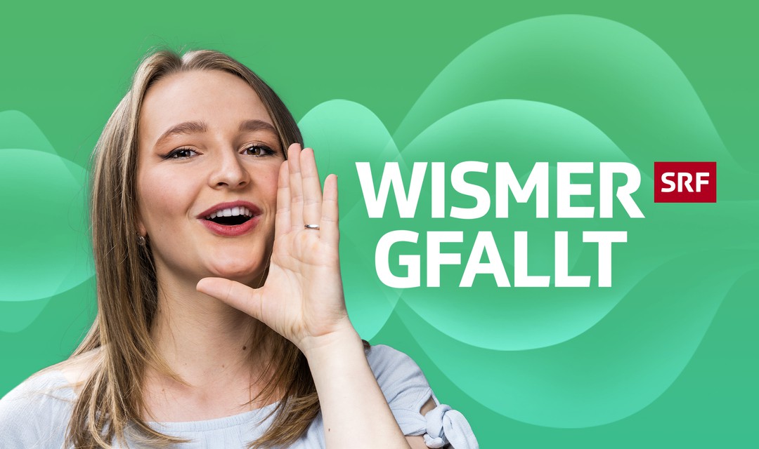 Die junge Jodlerin Arlette Wismer jodelt; neben ihr ist der Schriftzug der Sendung "Wismer gfallt" zu lesen.