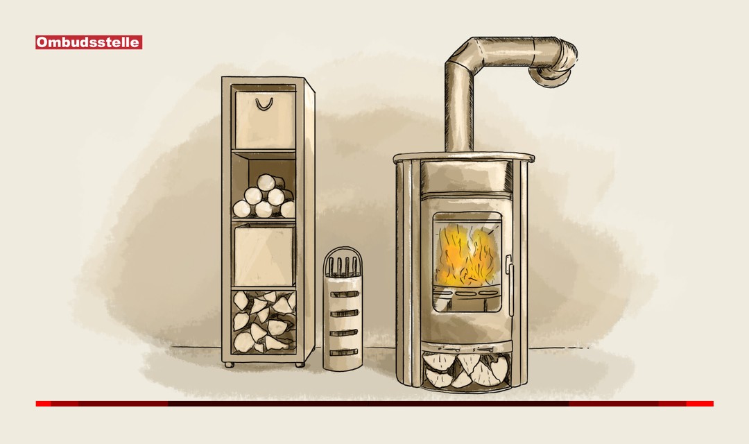 Die Illustration zeigt einen Schwedenofen mit brennendem Feuer. Links davon steht ein Gestell mit aufgeschichtetem Brennholz
