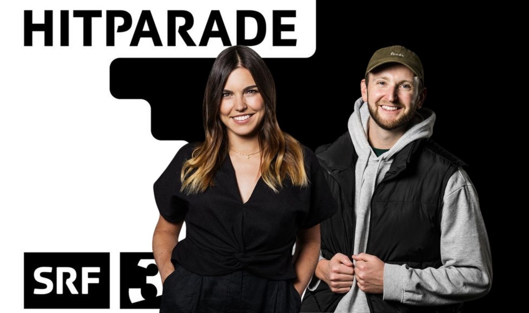 Logo von Hitparade und Stephanie Brändle und Vincenz Suter, welche die Sendung moderieren