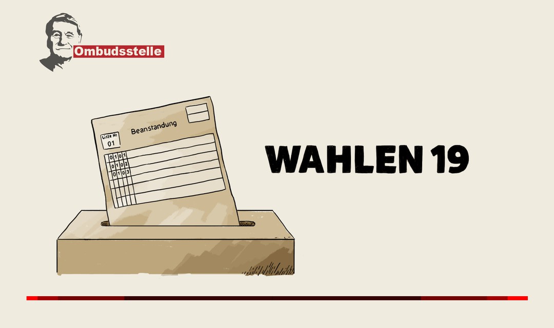 Wahlzettel und Urne, schwarze Überschrift "Wahlen 19"