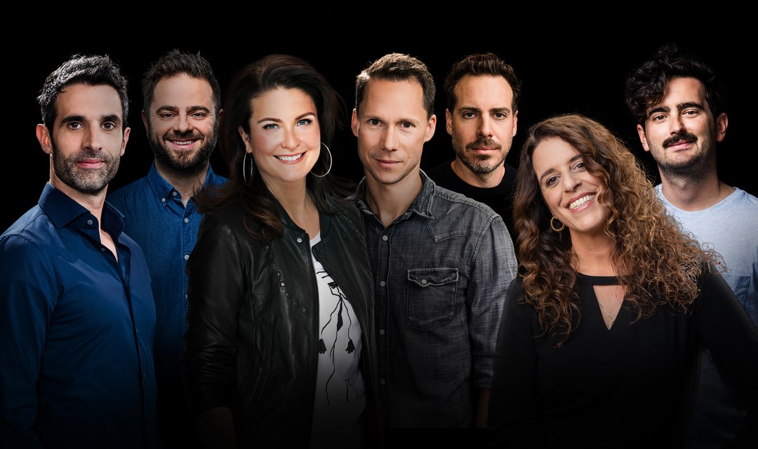 Foto der SRF 3-Hosts: v.l. Philippe Gerber, Marco Thomann, Juditz Wernli, Mario Torriani, Tom Gisler, Rahel Gyger und Dario Cantieni