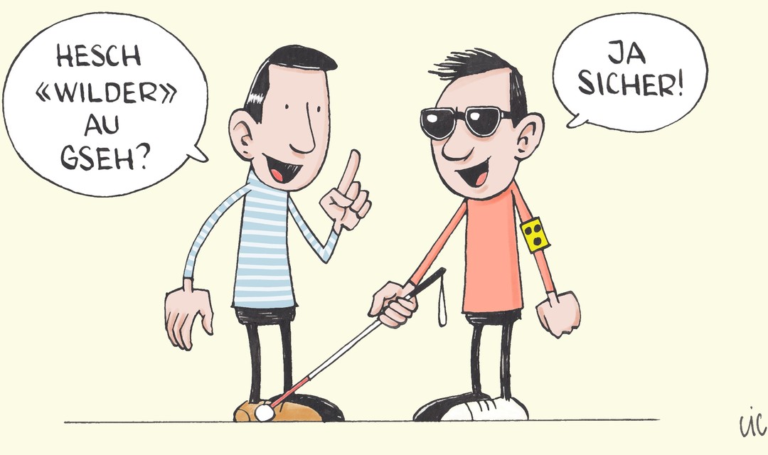 Die eine Person, die nicht blind ist, fragt die blinde Person: Häsch gseh?