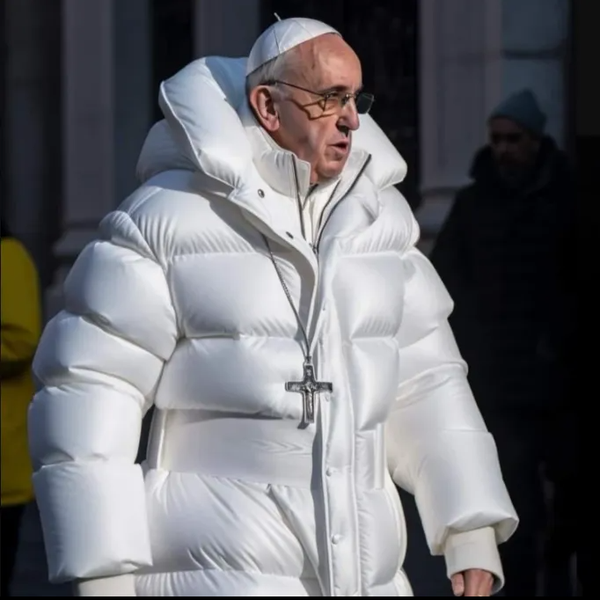 KI-generiertes Bild des Papstes, der eine weisse Daunenjacke trägt