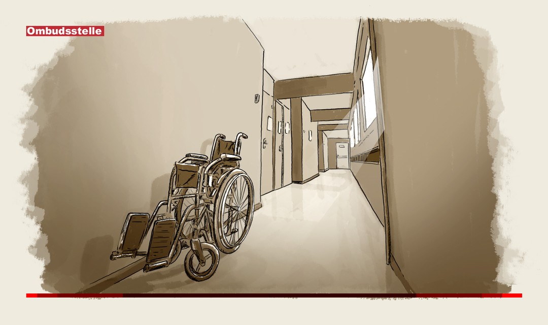 Illustration: Flur eines Krankenhauses, links im Vordergrund ein Rollstuhl