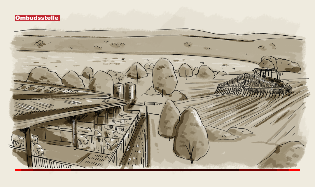 Die Illustration zeigt eine leicht hügelige Landschaft mit einem See im Hintergrund. Im Vordergrund ist ein Acker zu sehen und ein Traktor, der Gülle mit einer Schleppschuhvorrichtung ausbringt. Links vom Feld ist ein Stall mit Aussengehege abgebildet. Darin sind Schweine zu sehen.