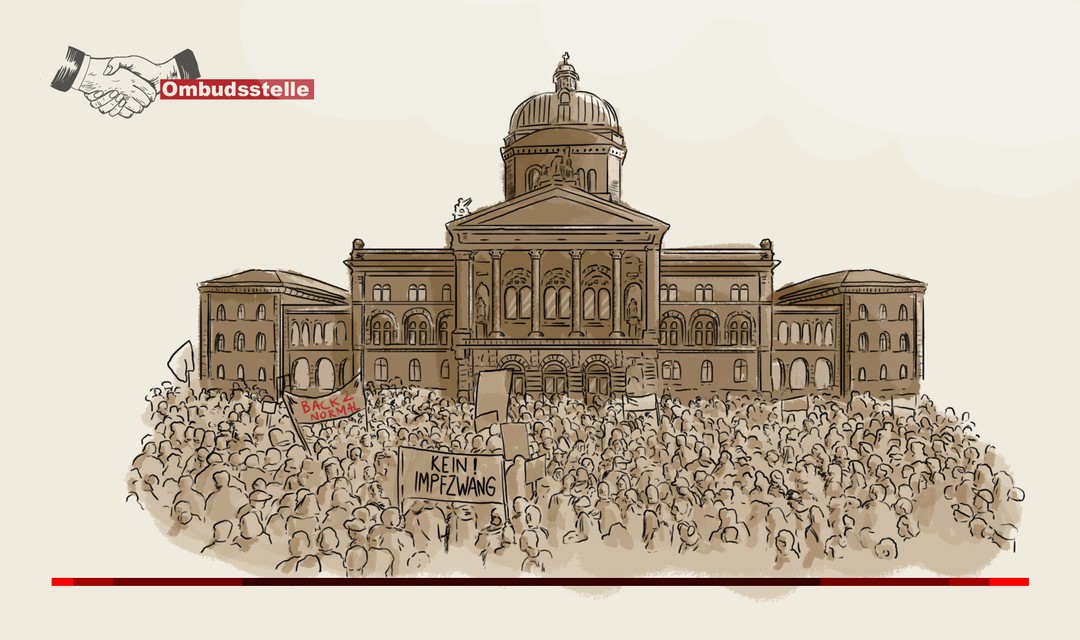 Die Illustration zeigt das Bundeshaus. Auf dem Bundeshausplatz demonstrieren Menschen gegen die Corona-Massnahmen