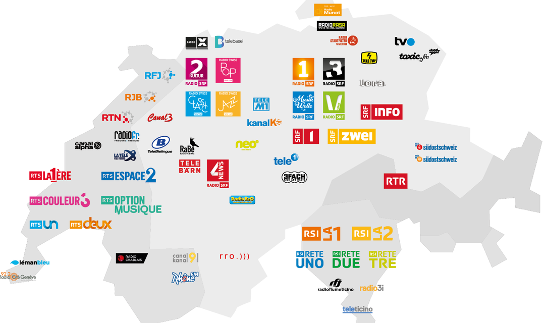 Gebührenfinanzierte Radio- und Fernsehsender sind auf einer Schweizer Landeskarte abgebildet.