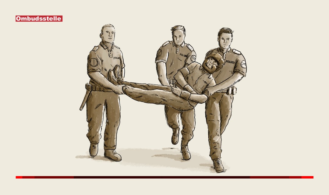 Illustration: Drei Polizisten tragen einen gefesselten Mann weg