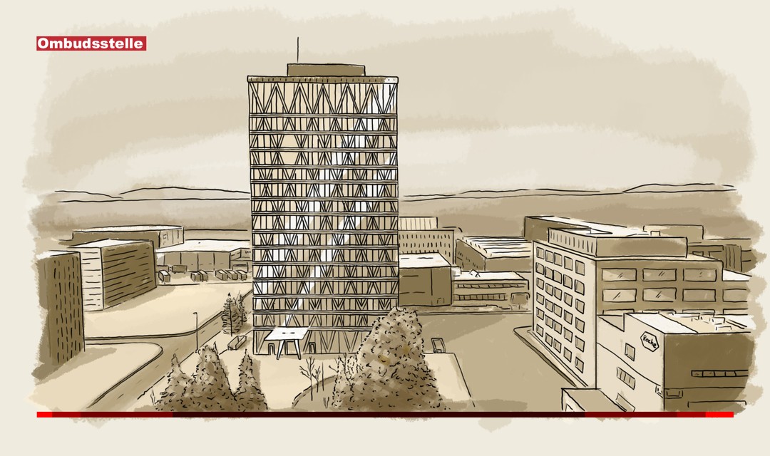 Die Illustration zeigt den Roche-Standort von Roche-Diagnostics in Rotkreuz. Inmitten von verschiedenen kleineren Gebäuden steht ein modernes, charakteristisches Hochhaus. Es besteht aus Betonetagen und sich kreuzenden Betonverstrebungen, die hinter der komplett verglasten Fassade sichtbar werden.