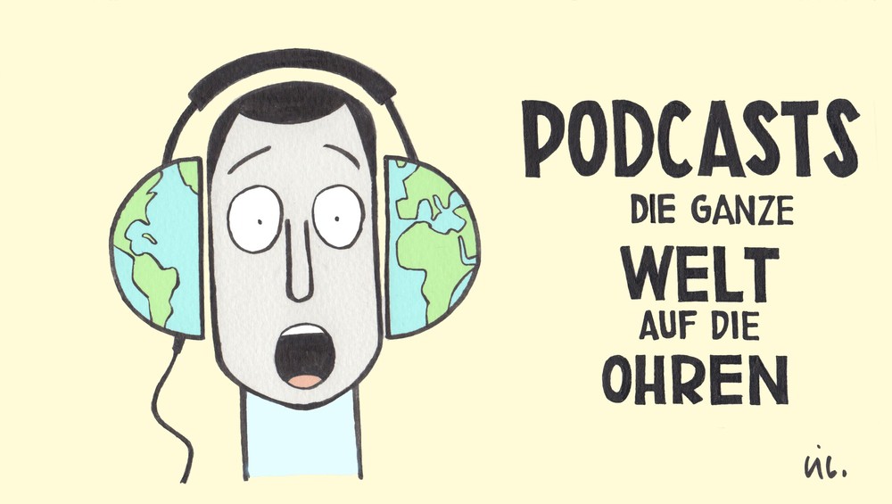 Illustration mit Person die Weltkugeln als Kopfhoerer hat und erstauntes Gesicht macht