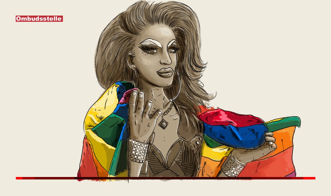 Die Illustration zeigt eine "Drag Queen". Sie trägt eine Regenbogenfahne um die Schultern.