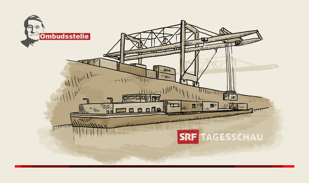 Die Illustration zeigt ein Frachtschiff auf einem Fluss. Im Hintergrund sind die Hafenmauer und ein Hafenkran zu sehen.