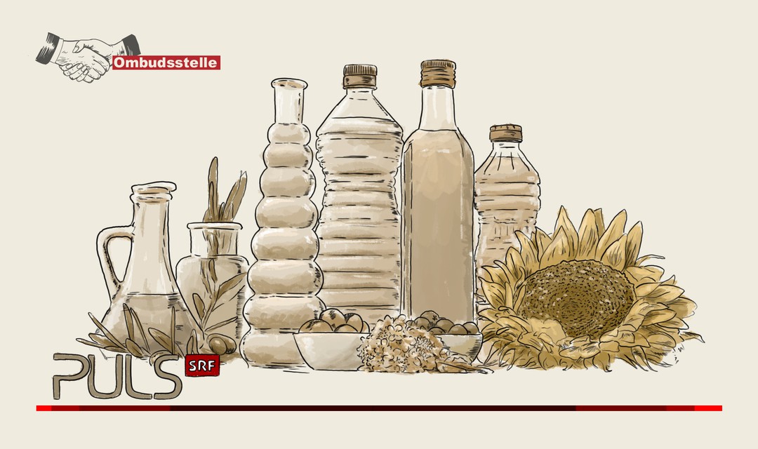 Die Illustration zeigt verschiedene Ölflaschen aus Glas nebeneinander. Daneben sind Oliven, Olivenzweige, eine Sonnenblume und Rapsblüten abgebildet