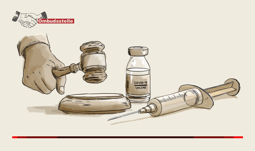 Illustration mit Impfstoff, Spritze und Gerichtshammer.