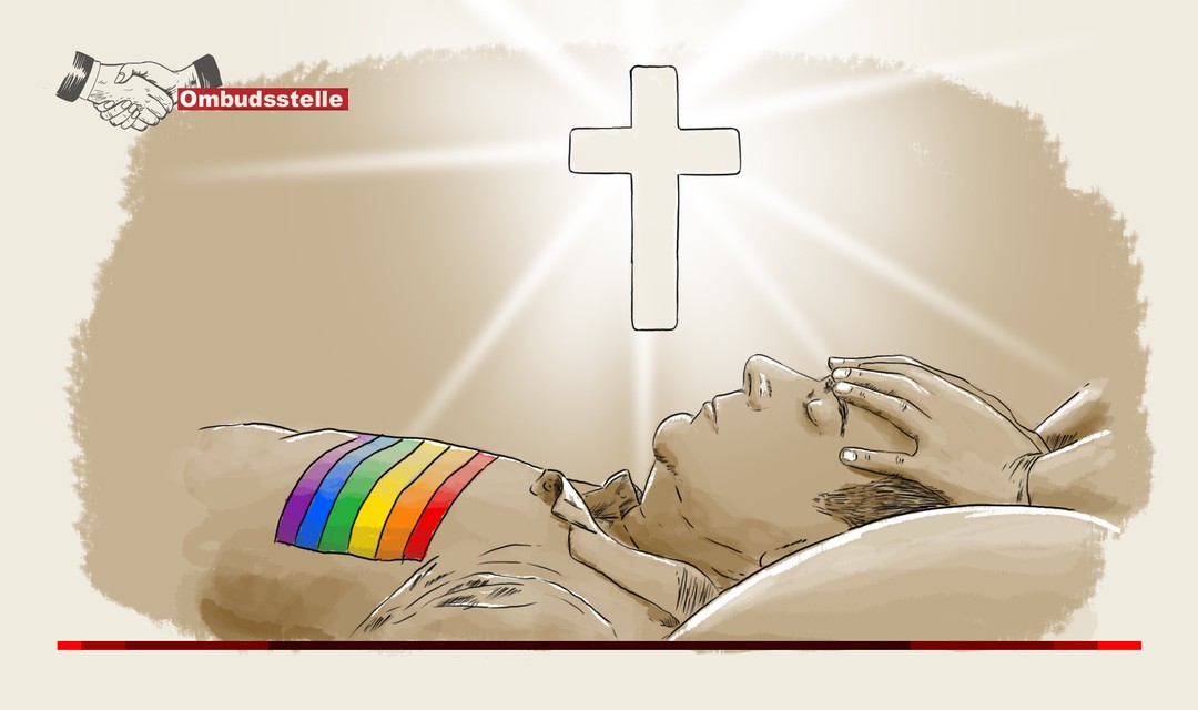 Die Illustration zeigt einen Mann wie ein Patient liegend. Auf seinem T-Shirt prangt die Regenbogenfahne. Eine Person legt die Hände auf den Kopf des Mannes. Über allem ist ein christliches Kreuz angebracht von dem Lichtstrahlen ausgehen.