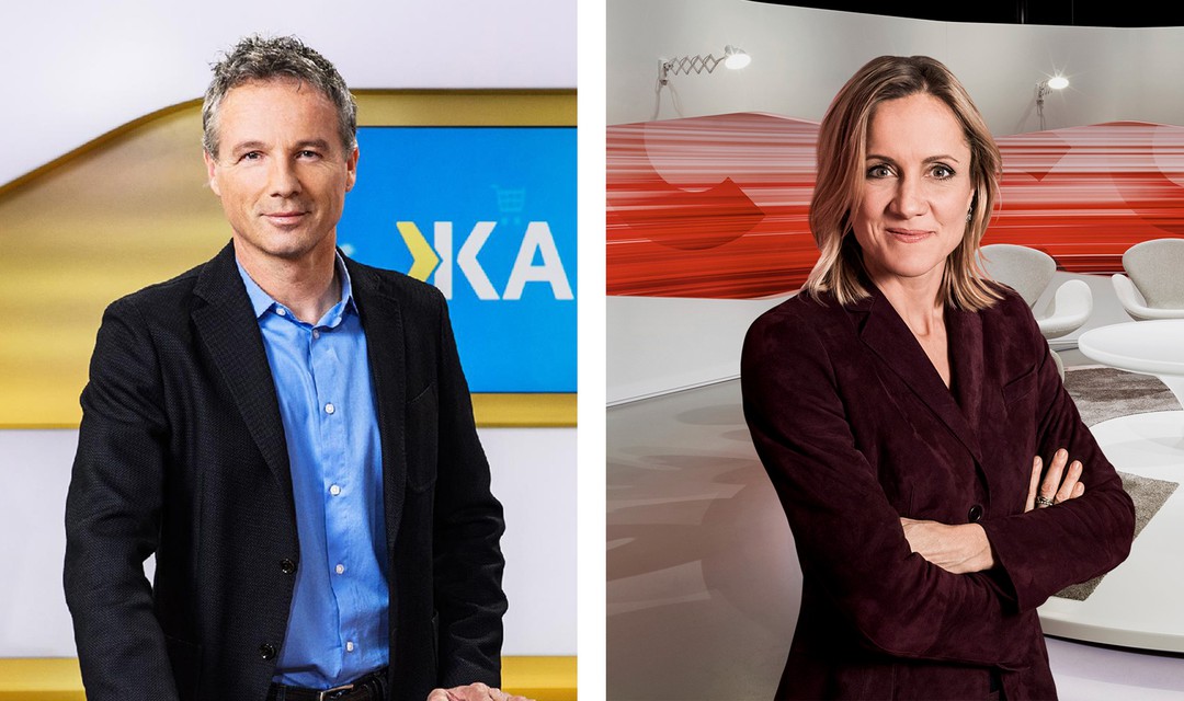 Ueli Schmezer und Barbara Lüthi vor den Studiokulissen vom «Kassensturz» und «Club»