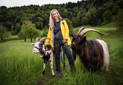 Bild von Nicole Berchtold unterwegs mit zwei Geissen